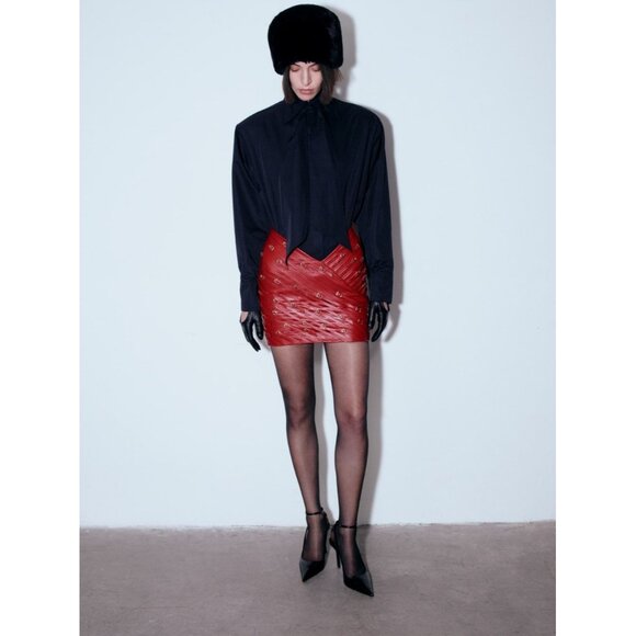 NWT Ceren Ocak Black Lamb Leather Buckle Detail Mini Skirt Women's X-Small XS - Picture 2 of 10